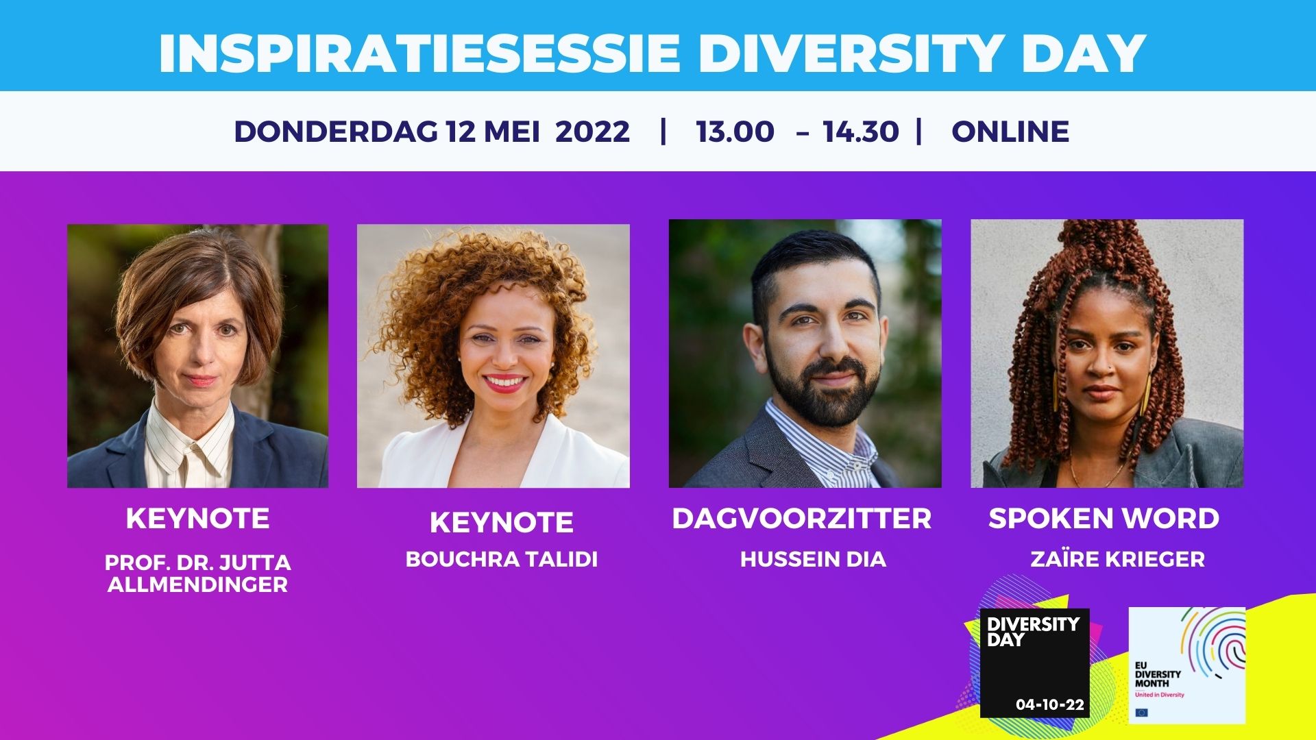 Profielfoto's sprekers Diversity Day inspiratiesessie. V.l.n.r.: Jutta Allmendinger, Bouchra Talidi, Hussein Dia, Zaïre Krieger