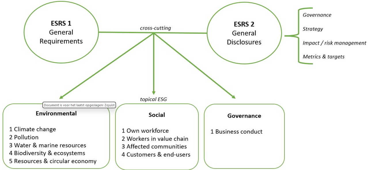 Schematic representation of these twelve sector agnostic standards divided into two cross-cutting standards and ten thematic ESG standards